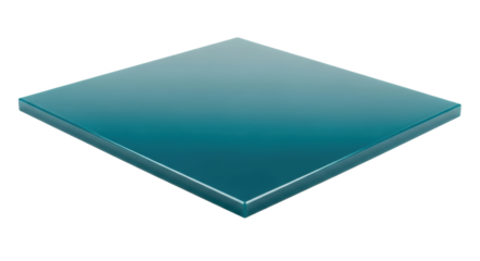A deep teal, high-gloss rectangular polymer panel with a mirror-like finish and sharp laser-cut edges, centered on a transparent studio background. Concept of modern industrial design