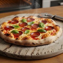 Homemade pizza fresh out of the oven on a wooden board
