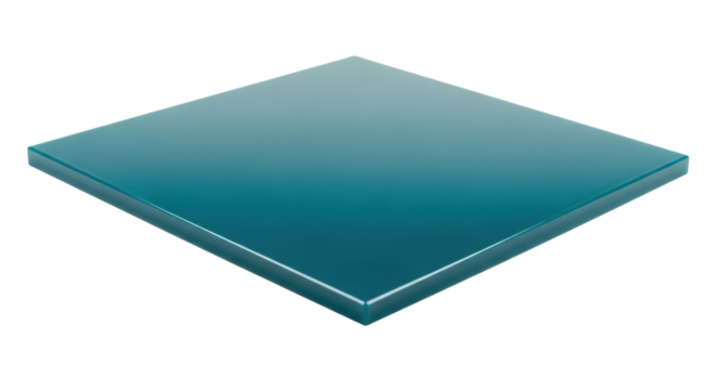 A deep teal, high-gloss rectangular polymer panel with a mirror-like finish and sharp laser-cut edges, centered on a transparent studio background. Concept of modern industrial design