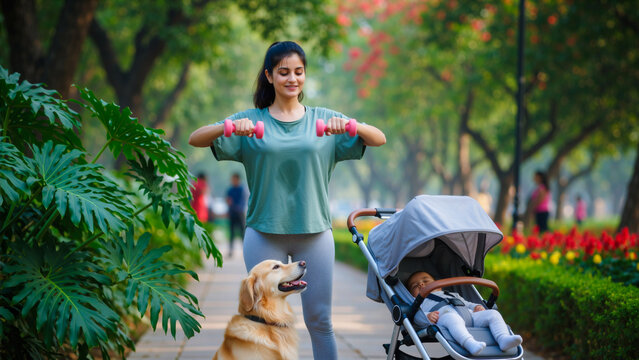 Mother Exercising in a Park with Her Baby and Dog - Powered by Adobe