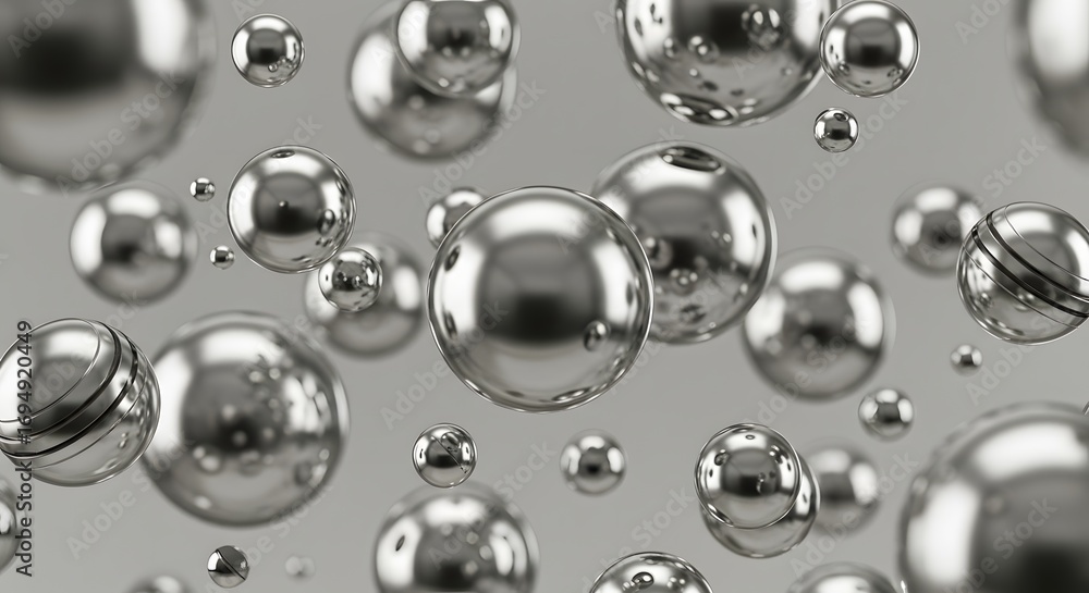 Poster a collection of shiny metallic spheres of varying sizes floating in a neutral gray space background
