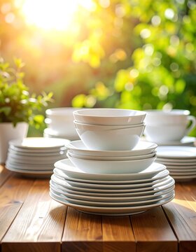 Stacked white dishes on a wooden table outdoors