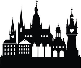 Silhouette of Prague's Iconic Architecture A Captivating Black and White Illustration of the City's Historic Skyline and its famous attractions