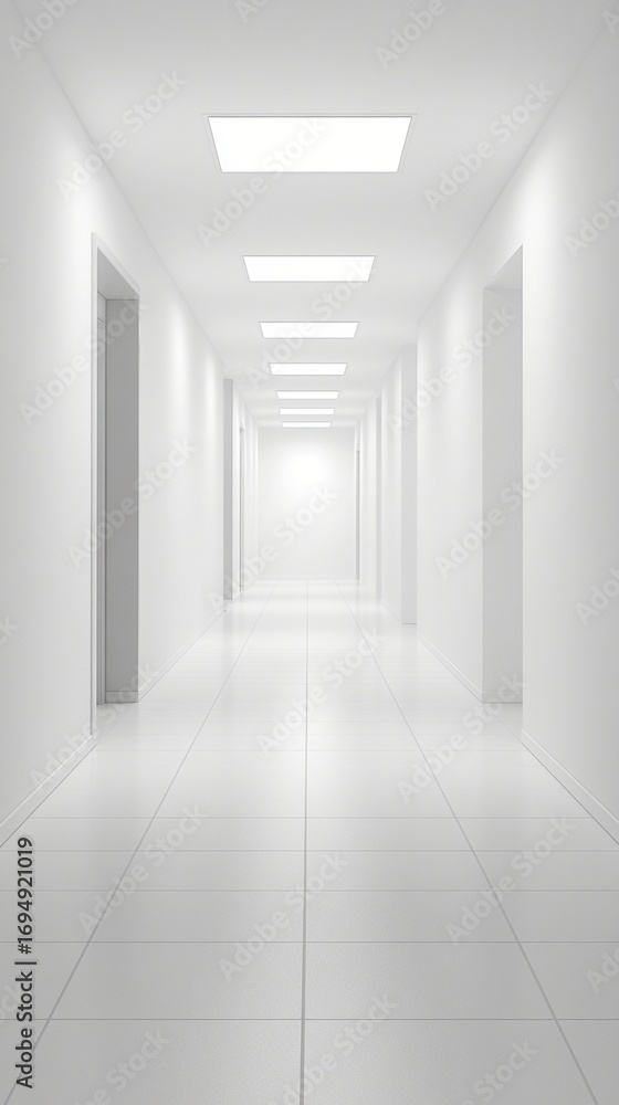 Poster minimalist white corridor with clean lines and symmetrical skylights, creating an ethereal perspecti