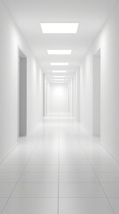 Minimalist white corridor with clean lines and symmetrical skylights, creating an ethereal perspective of architectural emptiness and serene spatial design