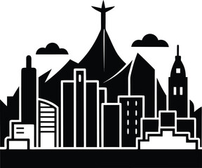 Fototapeta premium Monochromatic Cityscape Silhouette with Mountainous Backdrop and Clouds Embellishing a Modern Metropolitan Skyline Depiction