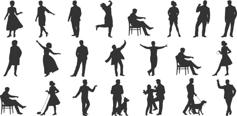 Set of 25 diverse human silhouettes in various poses, including dancing, walking, sitting, interacting with pets, elegant and casual postures, vector illustration