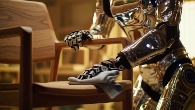 A Futuristic Robot Delicately Cleans a Wooden Chair with Care, Highlighting the Intersection of Technology and Everyday Household Tasks in a Modern Setting
