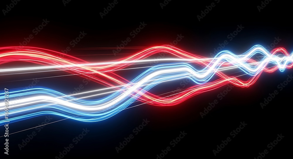 Poster dynamic abstract light trails in vibrant red and blue, illustrating energy flow and digital connecti