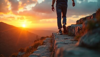 Person walks up stone steps on mountain summit during vibrant sunset. Scene represents personal growth, career advancement, achieving life goals with feeling of accomplishment, joy. Focus on