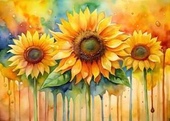 Watercolor sunflowers with dripping paint background © rehdoy