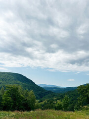 Fototapeta premium Scenic landscape with lush Carpathian green hills and cloudy blue sky