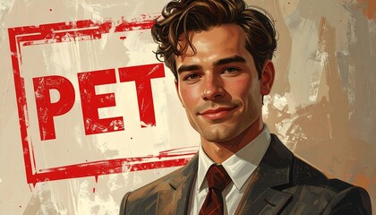 A portrait of a man in a suit, featuring a bold red text overlay of the word "pet" against a muted beige background.