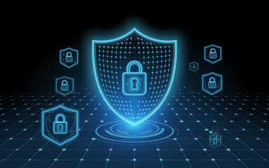 Futuristic digital shield hologram protecting data network against cyber threats