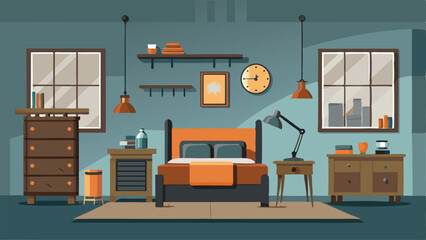 Fototapeta premium An industrialstyle bedroom with a mix of vintage metal and modern wood furniture.