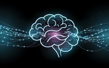 Futuristic digital brain hologram with glowing neural network and data streams