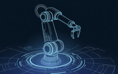 Futuristic holographic robot arm emerges from digital circuitry for automation and industry