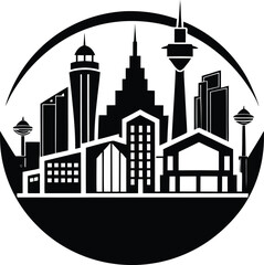 Obraz premium Striking Black and White Silhouette of a Modern City Skyline Encapsulated Within a Bold Circular Frame Design