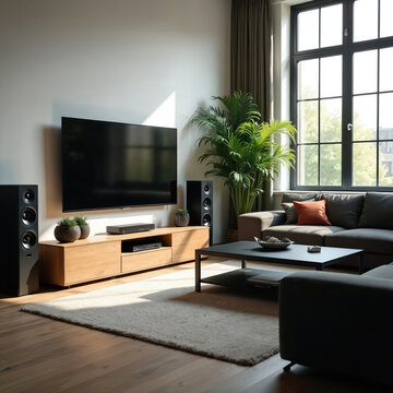 Modern living room setup with large flat screen TV, audio system speakers, subwoofer. Features contemporary furniture, wooden media console, large window with natural light. Stylish home interior