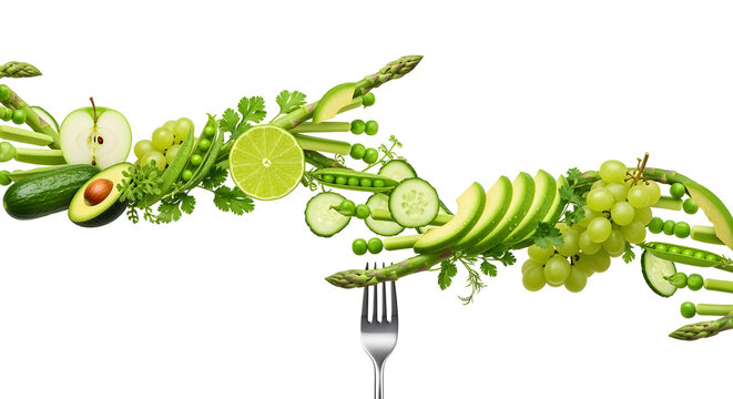 Array of Green Fruits and Vegetables on White Background with Fork - Powered by Adobe