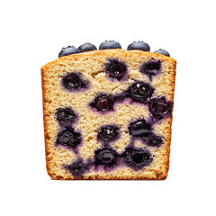 A slice of blueberry bread with a golden crust and fresh berries on top.