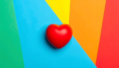 A bright red heart rests on a vibrant, multi-colored background, creating a striking visual contrast.