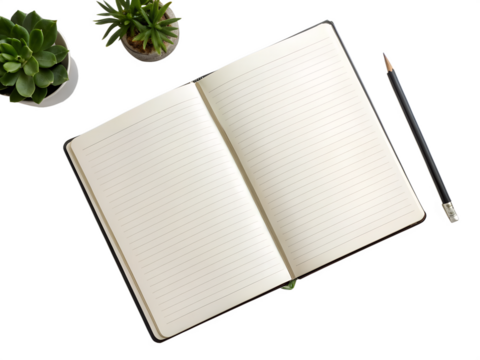 Notebook with open white paper and pencil and potted cactus placed nearby on an isolated transparent background.