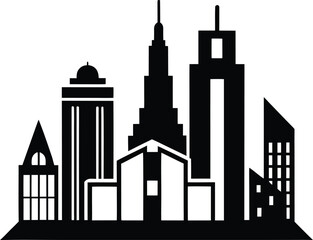 Monochromatic Cityscape Silhouette Vector Art Depicting a Variety of Buildings, Expressing Urban Architecture and a Modern, Industrial Landscape Aesthetic