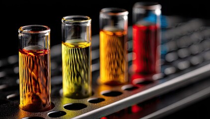 Test tubes with colored liquids on a metal rack