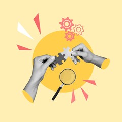 People hands holding puzzle, symbolizing teamwork,