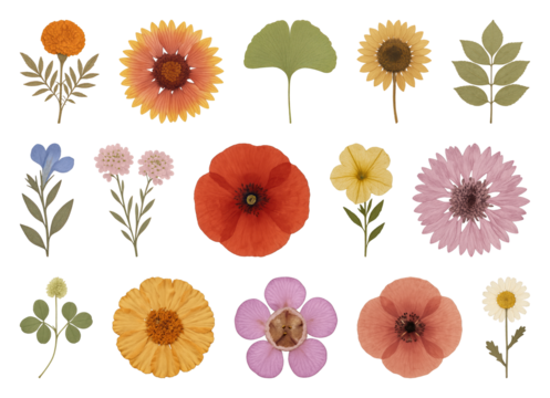 PNG Colorful pressed flower collection, element set on transparent background - Powered by Adobe