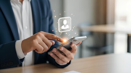 Modern businessman using a smartphone with a user profile icon overlay, symbolizing digital identity and personal connection in business technology