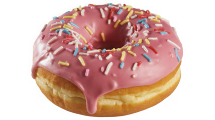 Delicious donut with pink icing and colorful sprinkles isolated on transparent background