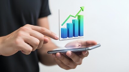 Man analyzing financial growth with a 3D bar chart and upward trending arrow projected from his smartphone screen
