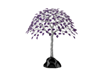 A delicate artisanal ficus tree sculpture: brushed silver wire canopy, violet enamel leaves, polished obsidian trunk on a transparent background, concept of artistic elegance and tranquility