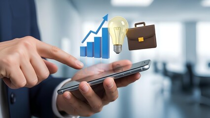 Business growth and success with modern technology and innovative ideas, represented by a smartphone and digital icons