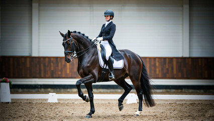 Elegant Woman Performing Dressage on a Bay Horse