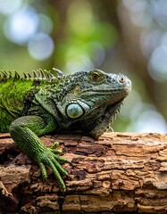 Close-up iguana on log