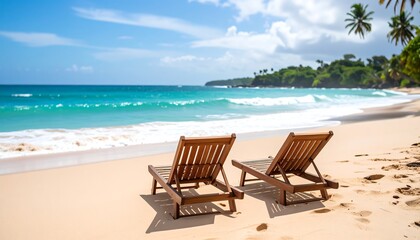 Two wooden beach chairs face the ocean, inviting relaxation on a pristine sandy beach, with turquoise water and a bright, sunny sky.