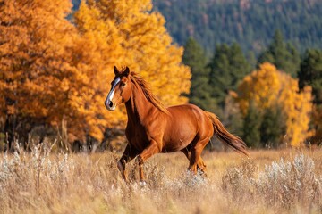 Fototapeta premium Brown horse trotting through golden meadow surrounded by autumn trees during a sunny afternoon