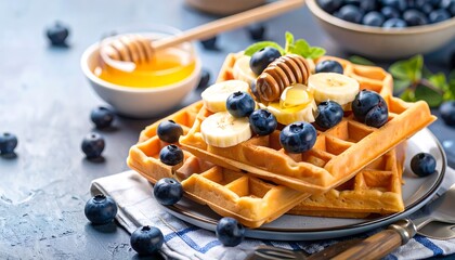 Delicious waffles topped with blueberries and bananas