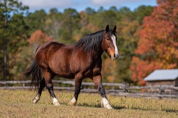 Obraz premium Strong brown horse walks gracefully in a vibrant autumn field with colorful trees in the background