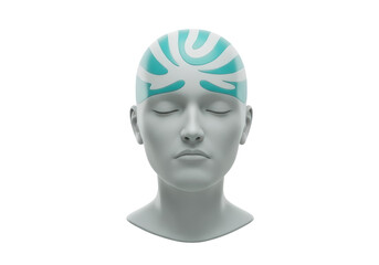 Isolated Female head rendering with face and neck, eyes closed, abstract turquoise decoration
