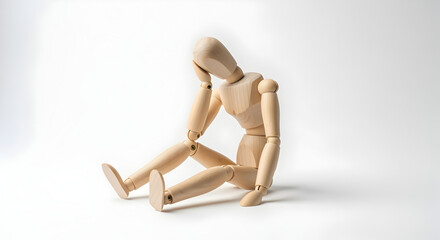 Sad Wooden Mannequin Sitting on White Background in Studio Setting