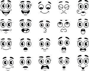 Cartoon emoji face collection, funny expressions, cute smile icons, emotional character set, happy sad surprised faces, vector illustration design