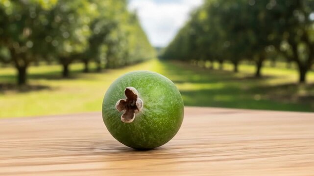 A single green feijoa fruit rests on a wooden table with a blurred orchard of trees in the background under natural light.