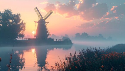 Peaceful windmill at sunrise over a calm river