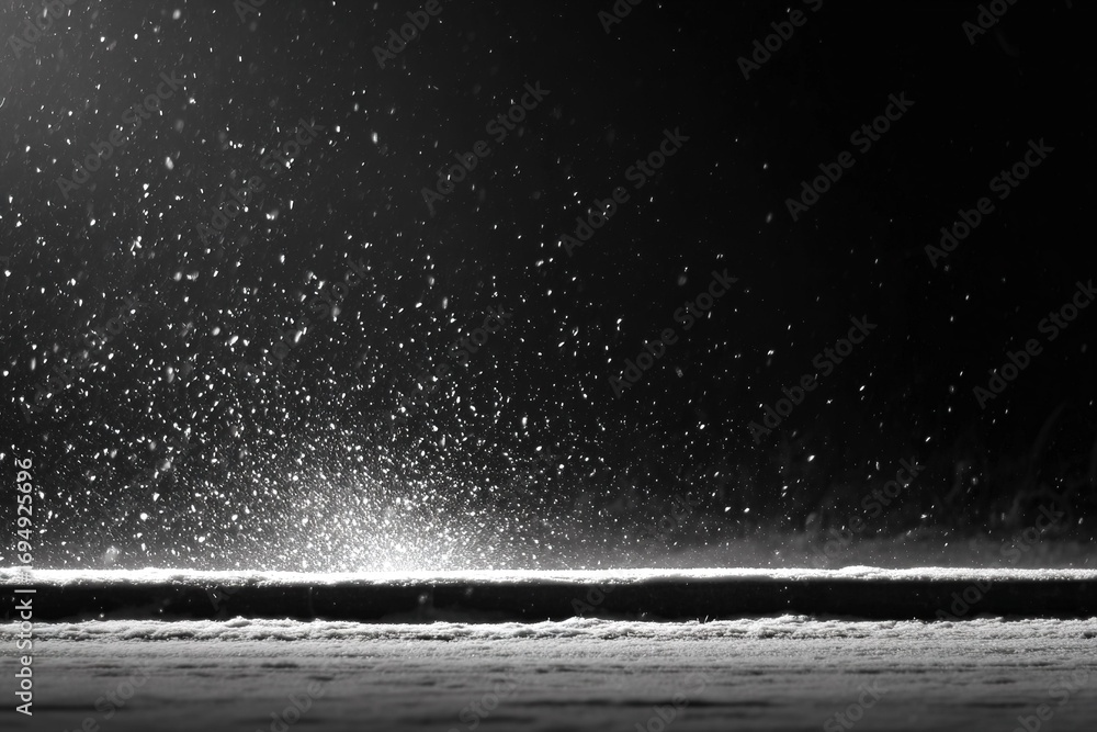 Poster Snowflakes fall gently at night, creating a sparkling landscape with soft white accumulation illuminated by a subtle glow