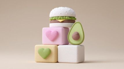 Healthy nutrition concept with avocado and burger on colorful cubes showing love for food in world on nutrition day