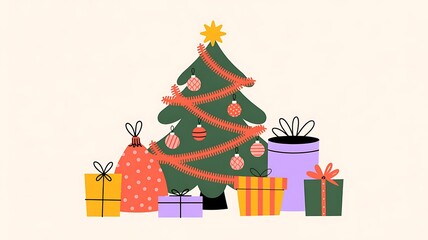 Stylized Christmas Tree with Colorful Ornaments and Wrapped Presents Illustration for Holiday Season